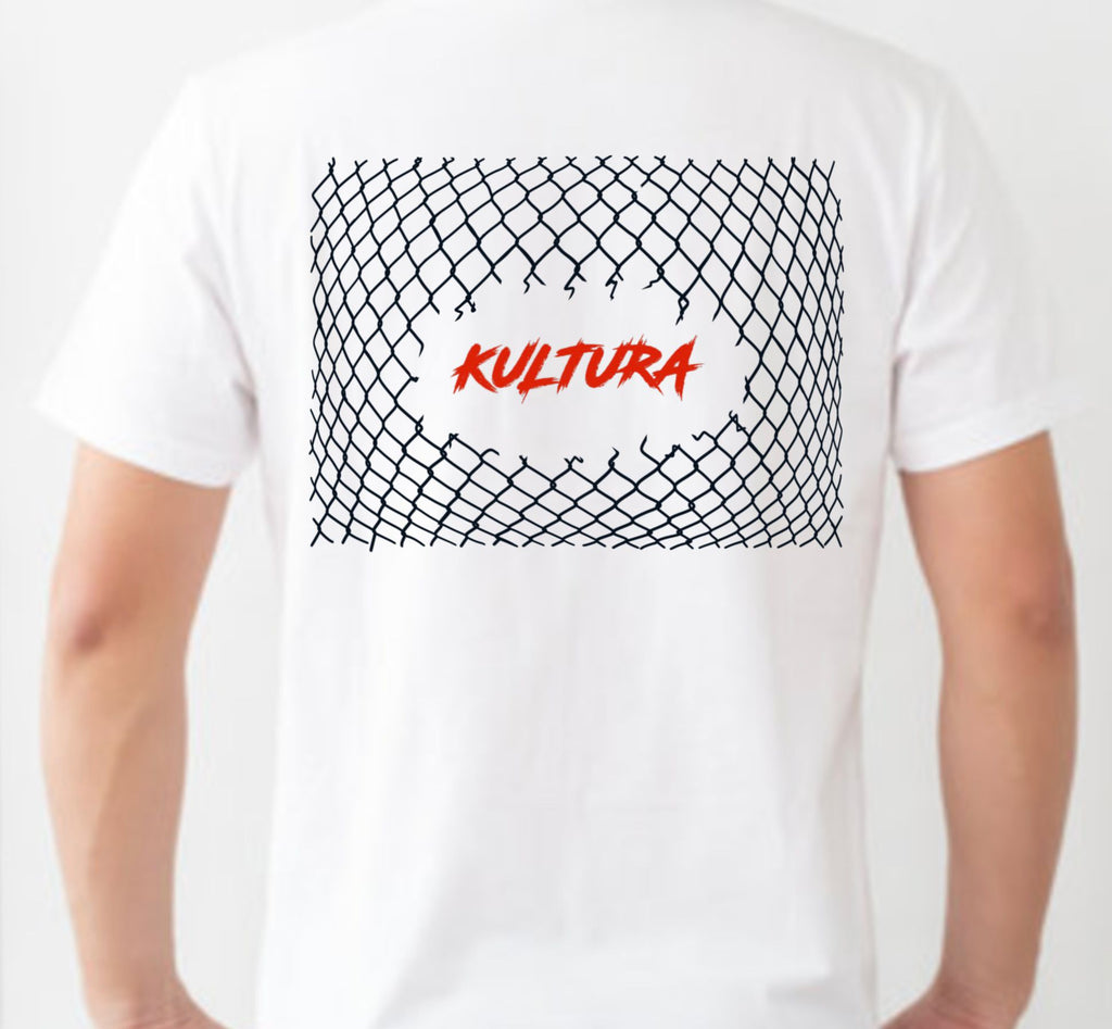 White TEE. kultura CHAINLINK FENCE design.